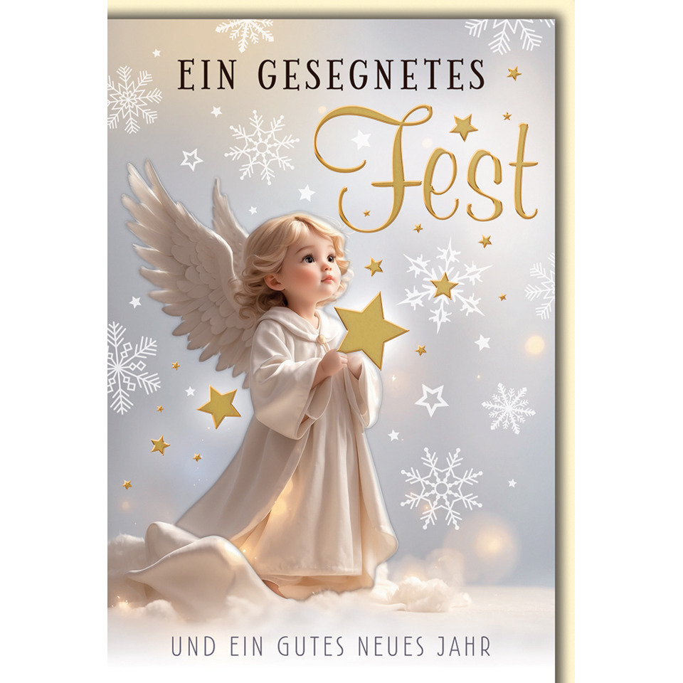 Engel, Weihnachtskarte, Goldene Sterne, Schnee, Flügelkind