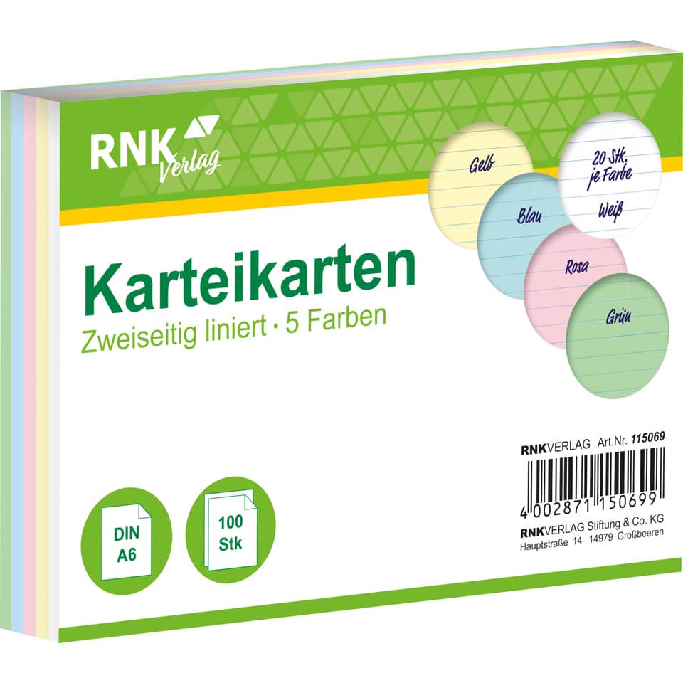 Karteikarten, Zweispaltig, 5 Farben, DIN A6, 100 Stk