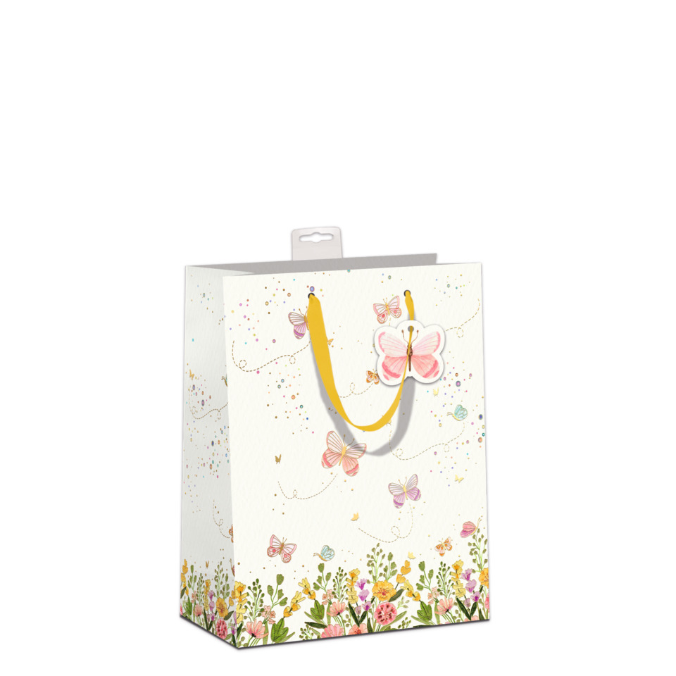 Geschenktasche, Papiertragetasche, Blumenmuster, Schmetterlinge, Gelbe Griffe