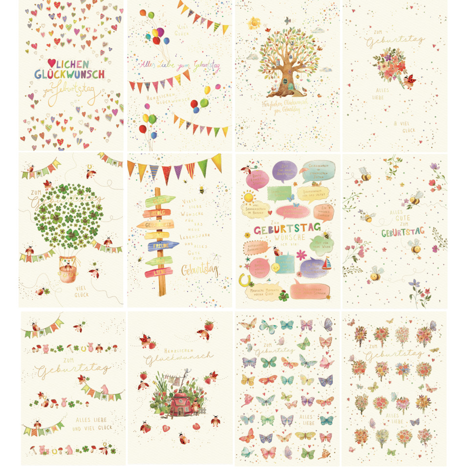 geburtstag, glückwunsch, bunte schmetterlinge, blumen, herzchen