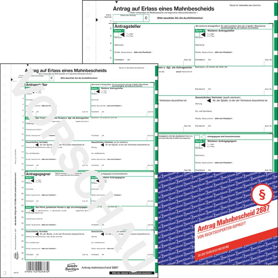 Mahnbrief, Antragsformular, Gerichtsdokument, Parteien, Ausfüllblatt