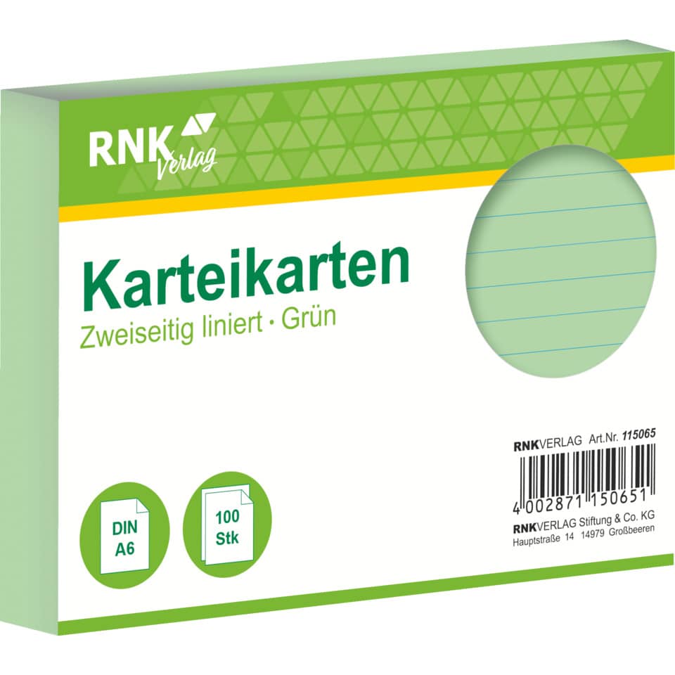 Karteikarten, Karteikarten grün, DIN A6, 100 Stück, liniert