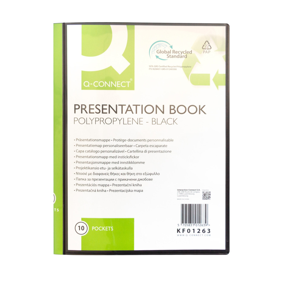 Presentationordner, Polypropylen, Schwarz, Brieftaschenseiten, 10 Fächer