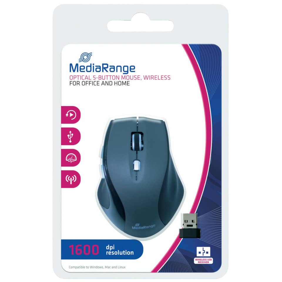 drahtlose Maus, 5-Tasten, Optische Auflösung, USB-Empfänger, 1600 dpi