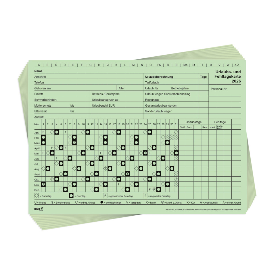 Urlaubs- und Fehltagekarte, Mondkalender?, Kartenlayout, Papierkarte, Kalenderübersicht