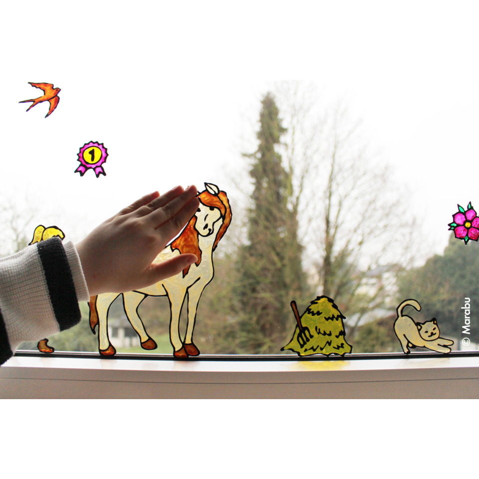  Stickerkunst,  Fenstergestaltung,  Pferdefigur,  Katzenfigur,  Handabdruck