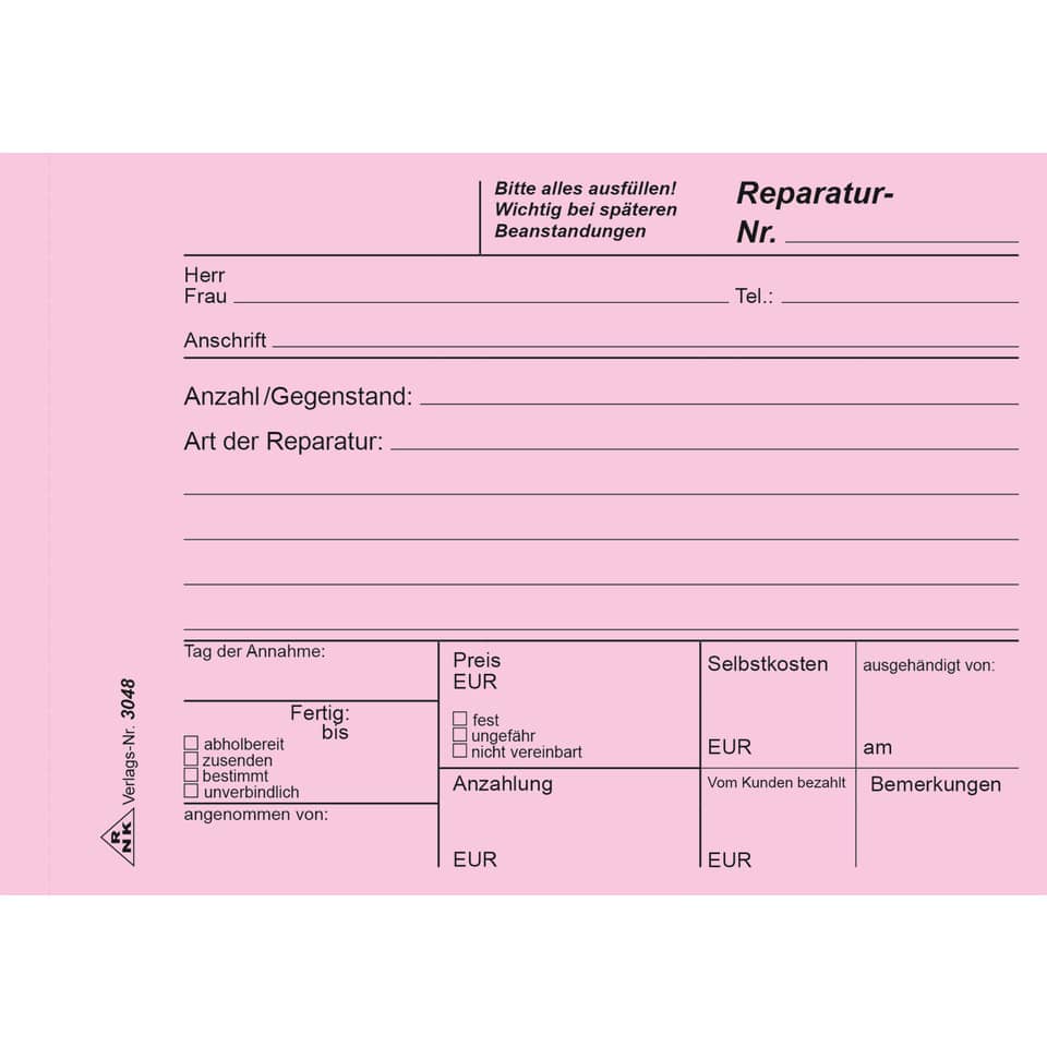 reparaturformular, formular, notizblatt, packungsseite, pink