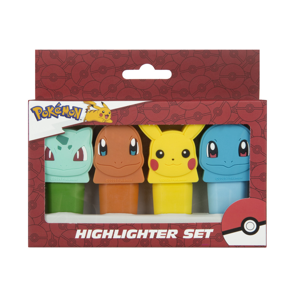 Highlighter-Set, Pokémon, bunte Marker, Kappenformen, vier Farben