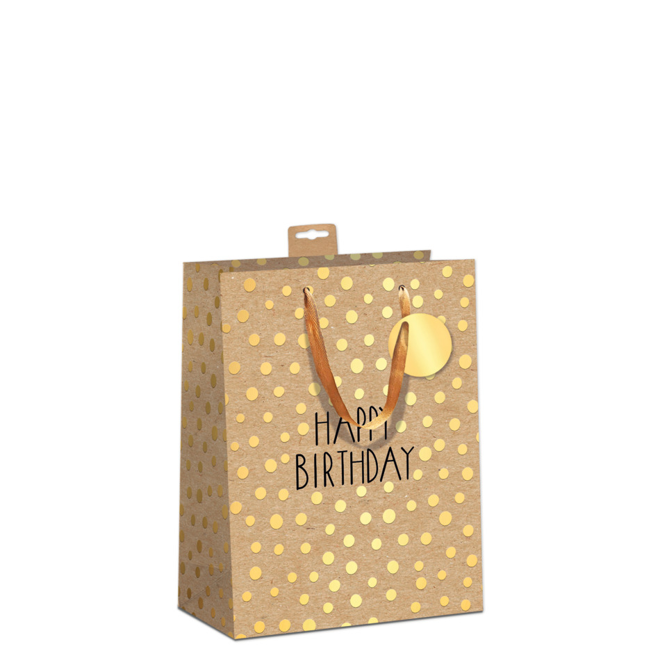Geschenkverpackung, Geschenkbeutel, Papiertüte, Goldene Punkte, Happy Birthday