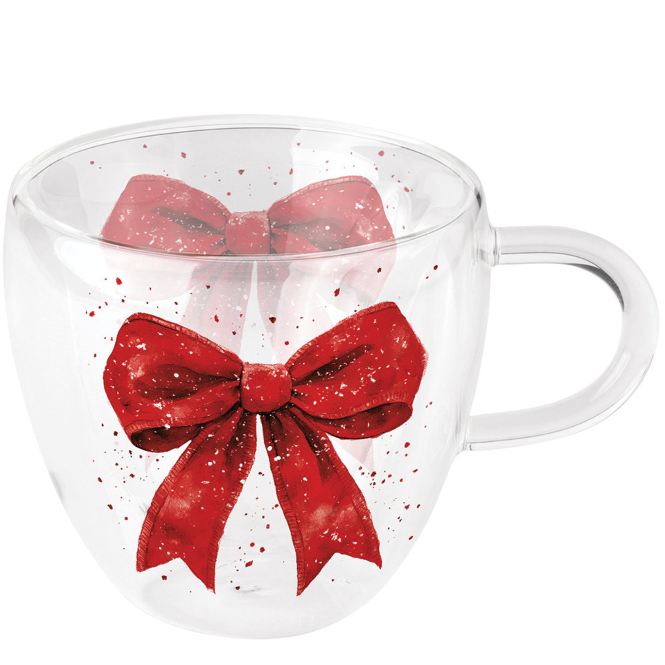 glasbecher, rote schleife, verzierung, transparent,  henkelbecher
