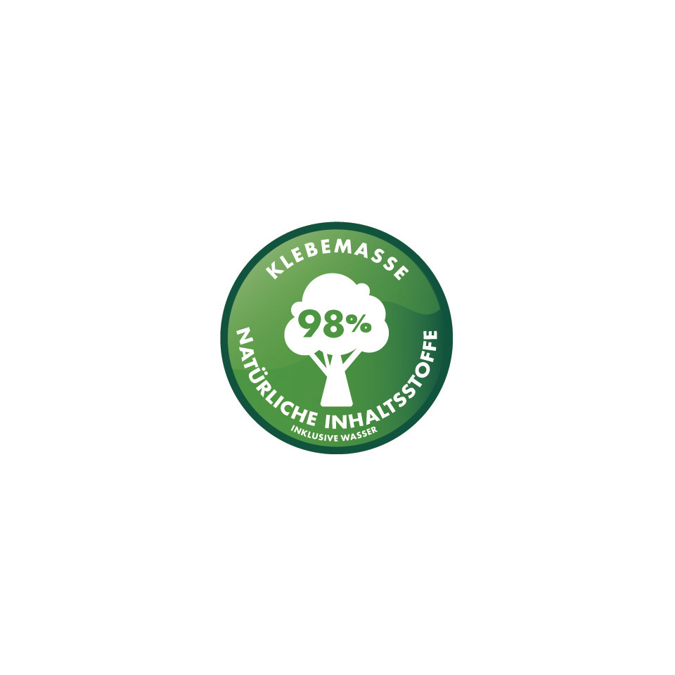 Klebemasse, 98%, Natürlich Inhalte, Inklusive Wasser, Etikett Logo
