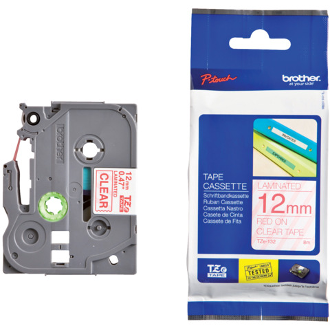 Schriftband laminiert, 12mmx8m, rot/transparent BROTHER TZE132