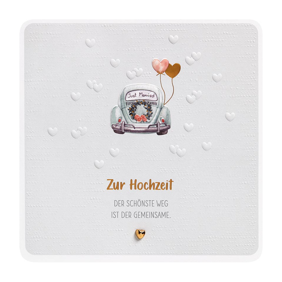 hochzeit, karte, kartenmotiv, auto, herz