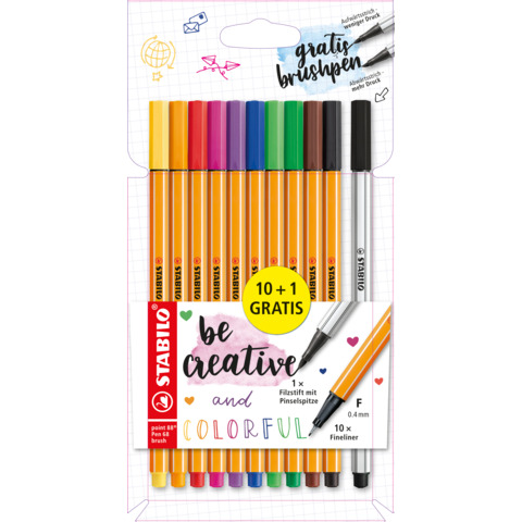 Finelineretui Point88/Pen brush 68, 10+1 Gratis STABILO D/87-3426