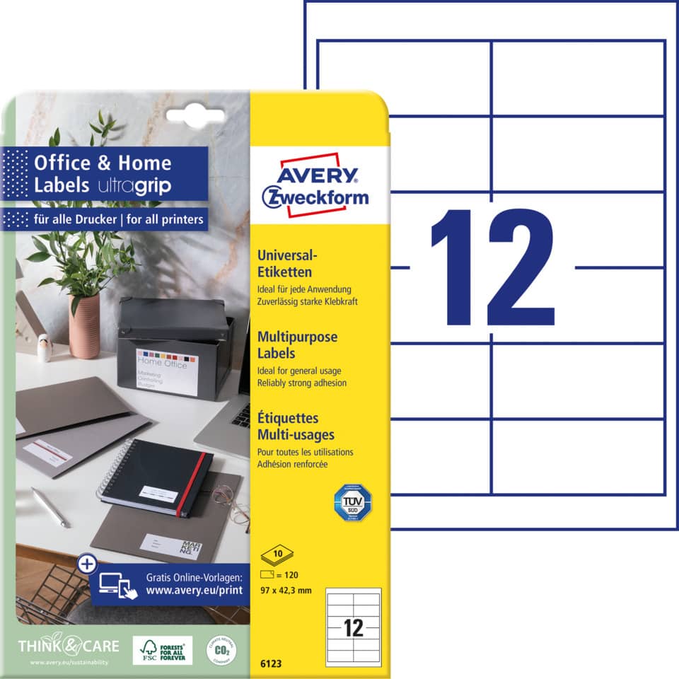 DruckerEtiketten, UniversalEtiketten, Multifunktionsetiketten, Avery, 12er Packung