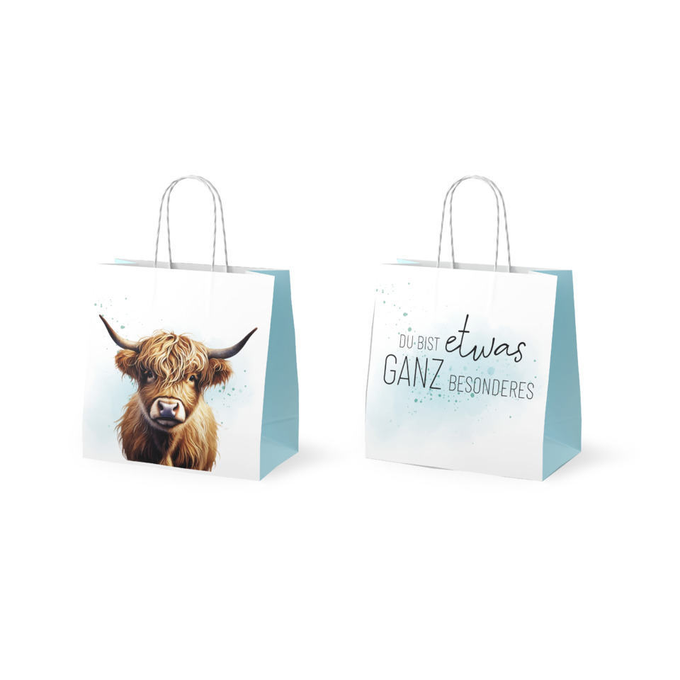 hochrandige tasche, passementerien, dezent farbige tasche, blau weiße tasche, horniges rindvieh