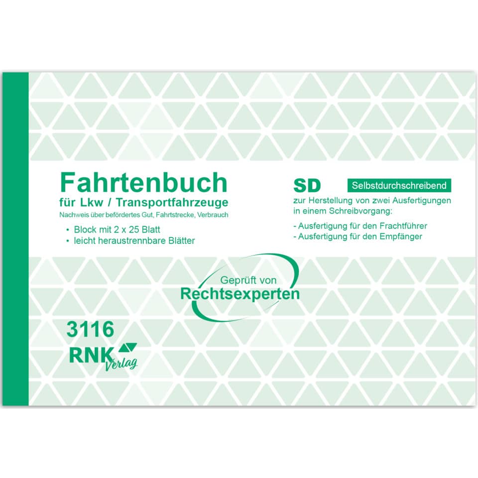 Fahrtenbuch, für Lkw, Transportfahrzeuge, Block mit 2 x 25 Blatt, Selbstdurchschreibend