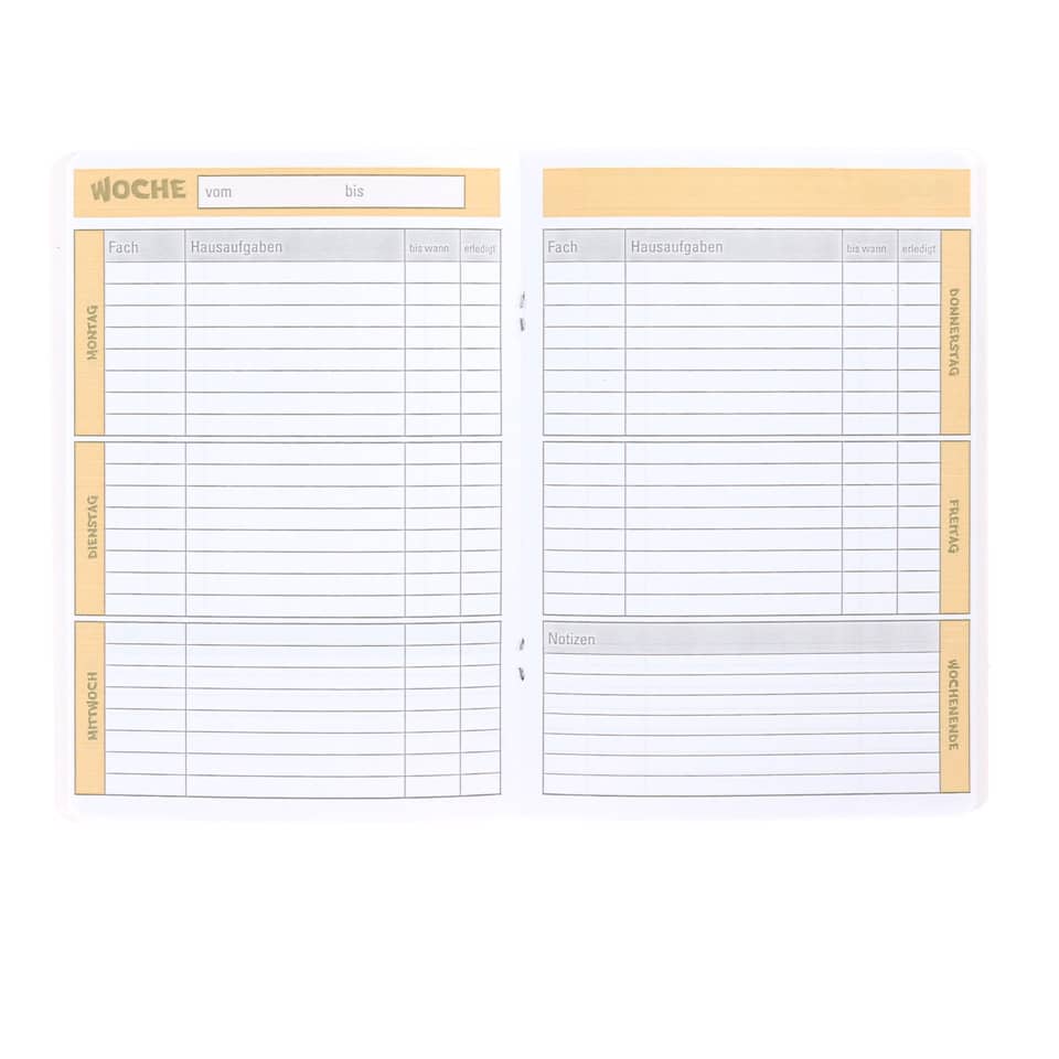 Terminkalender, Wochenplan, Hausaufgaben, Notizen, Layout