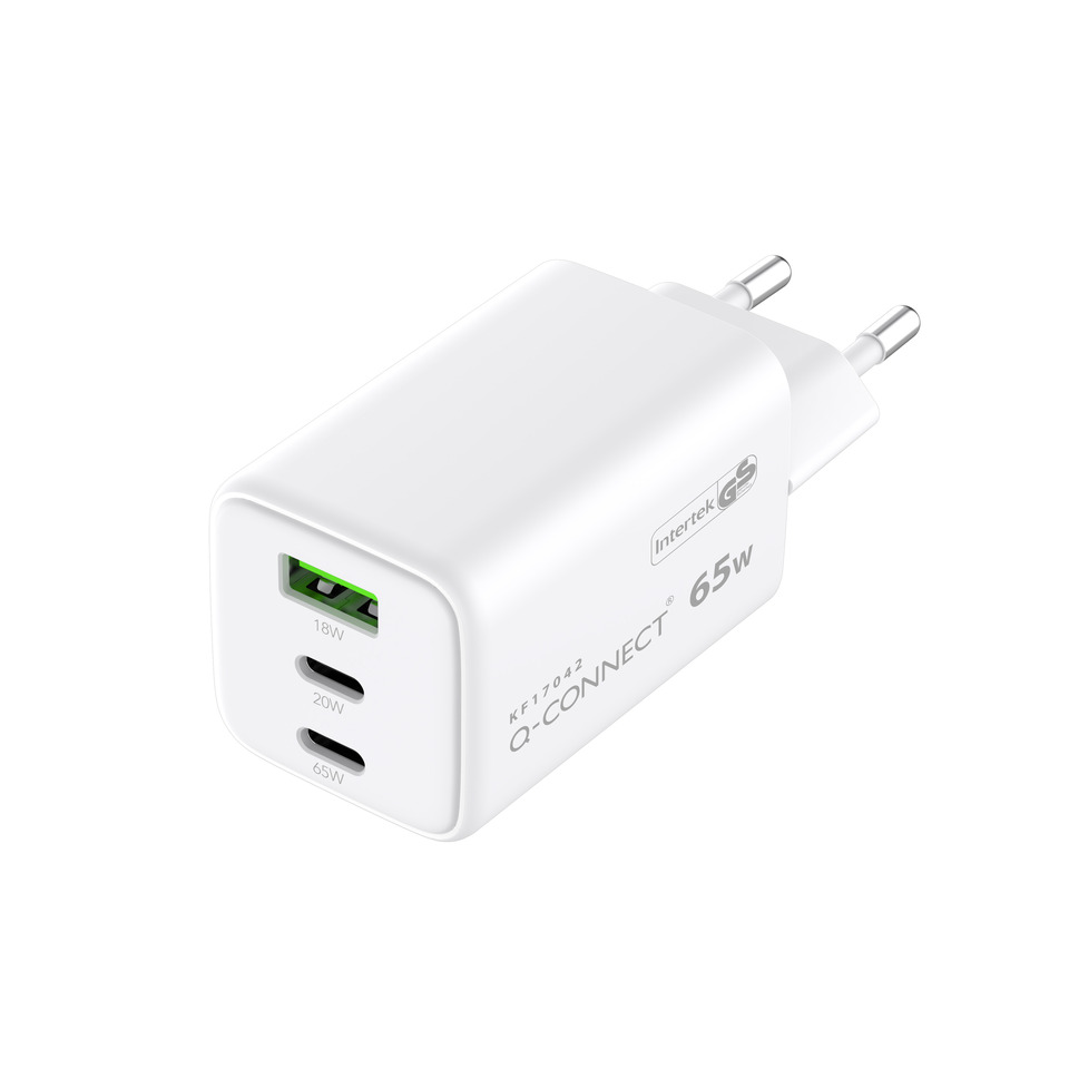 GaN-Ladegerät 65W, 1 x USB-A und 2x USB-C, weiß Q-CONNECT KF17042 Adapter, Elektronik, Stecker