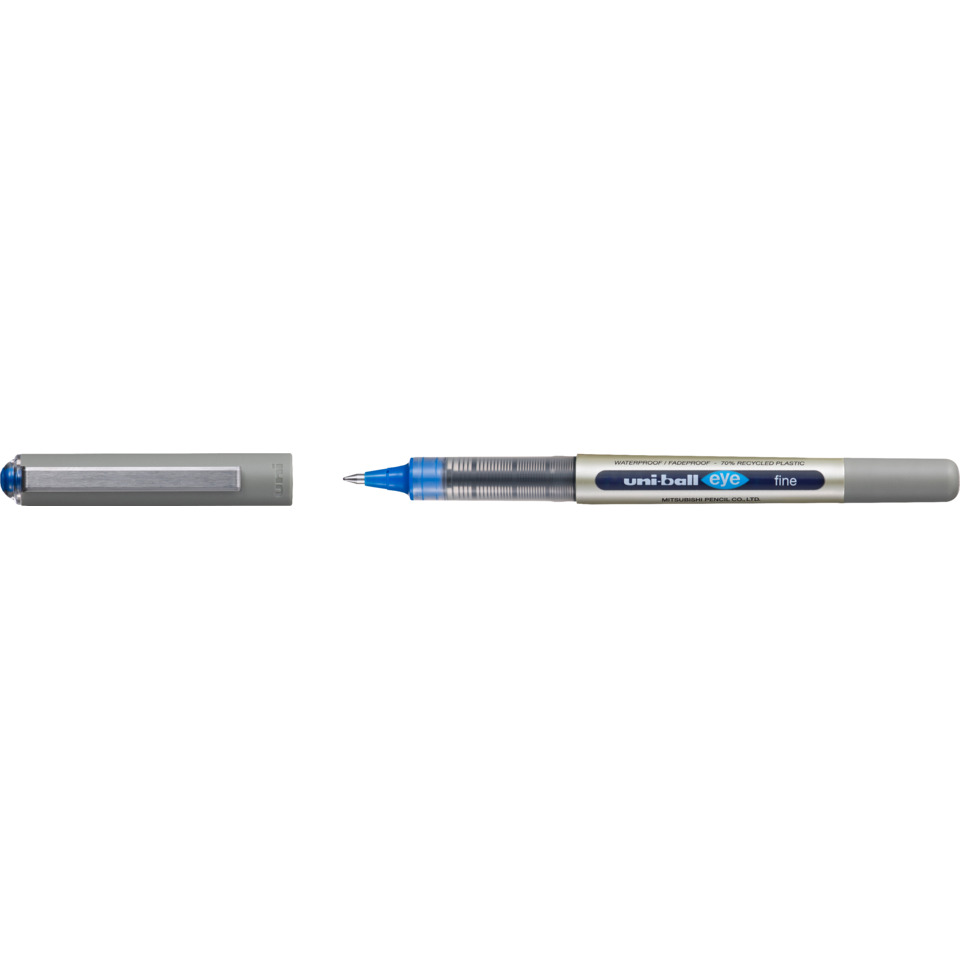 fineliner, blauer spitz, metallkörper, bly pencil, radiergummi kappe