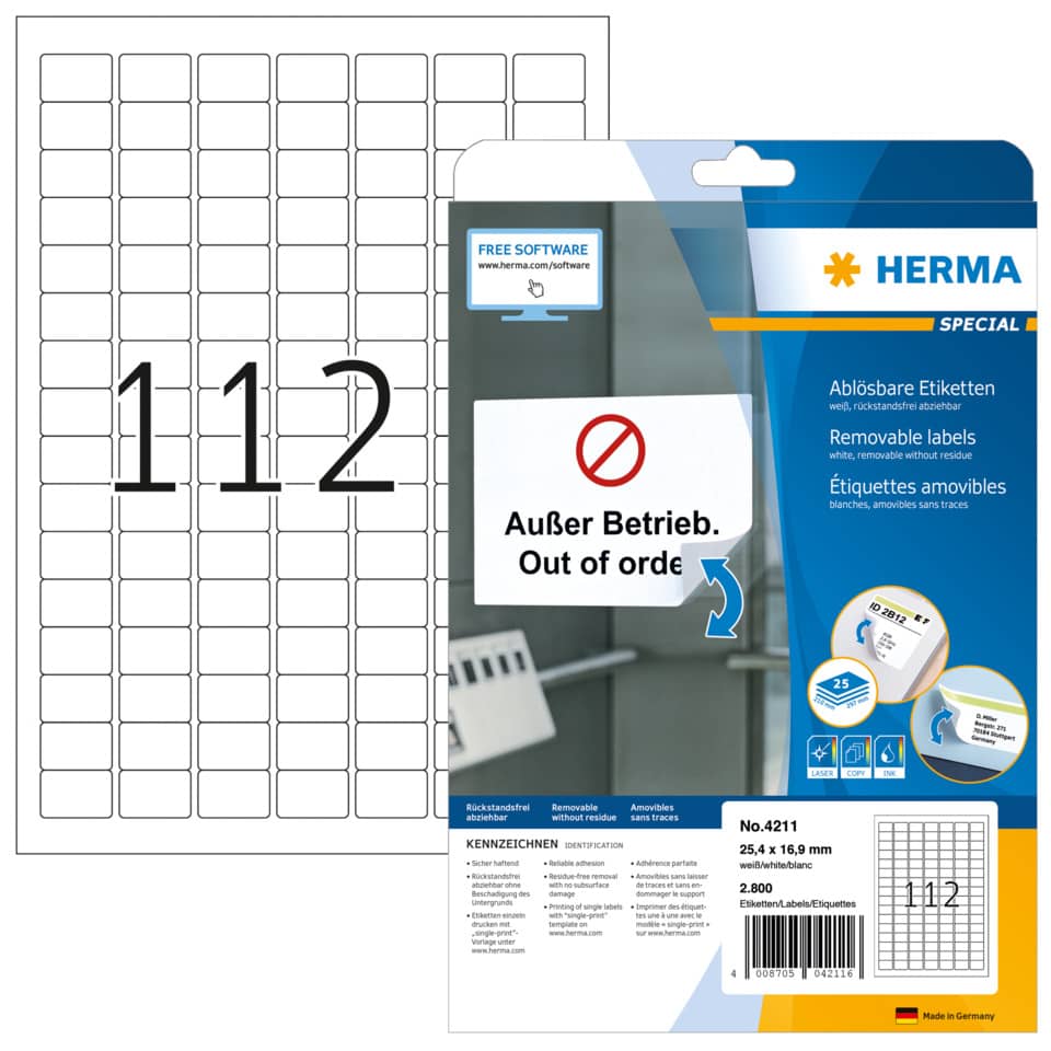 Etiketten ablösbar, 25,4x16,9mm, 2800 Stück, weiß HERMA 4211