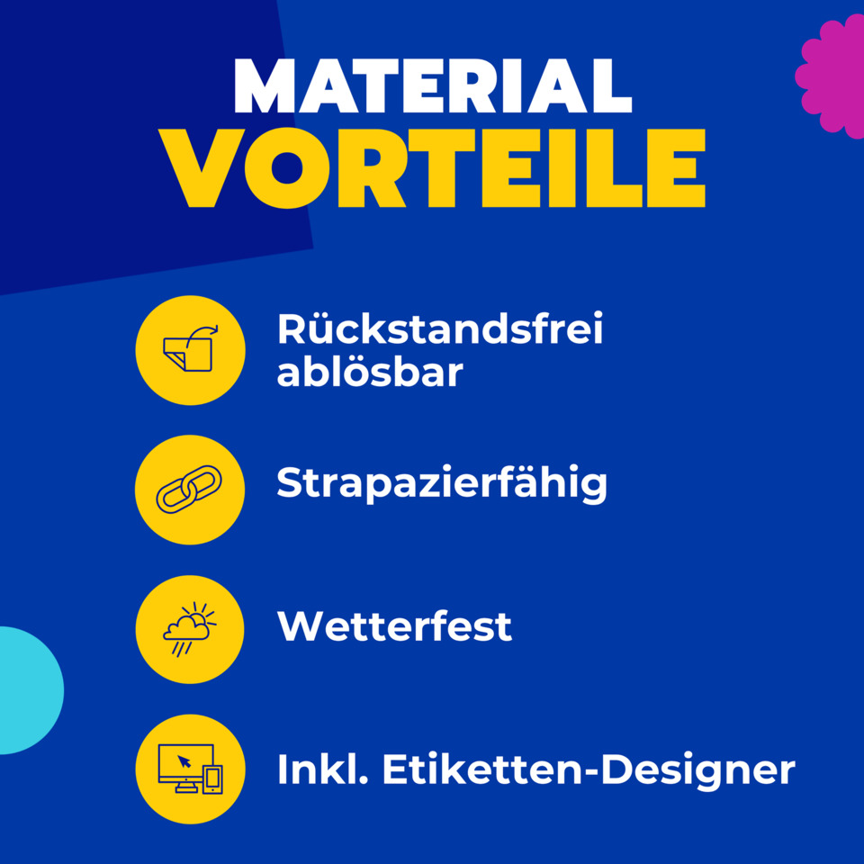 Materialien, Vorteile, Rückenstands-, ablösbar, Wetterfest, Etiketten-Designer