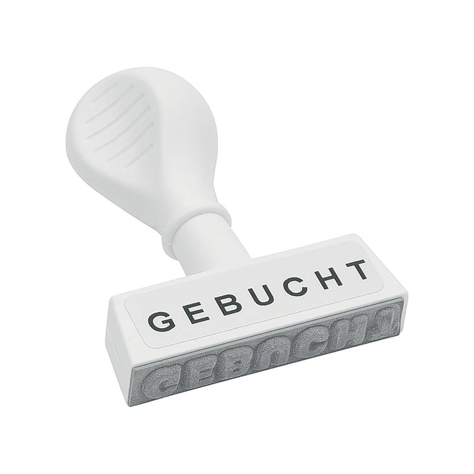 Klebezettel, Stempel, Durchstempelung, GEBUCHT, Schriftstempel