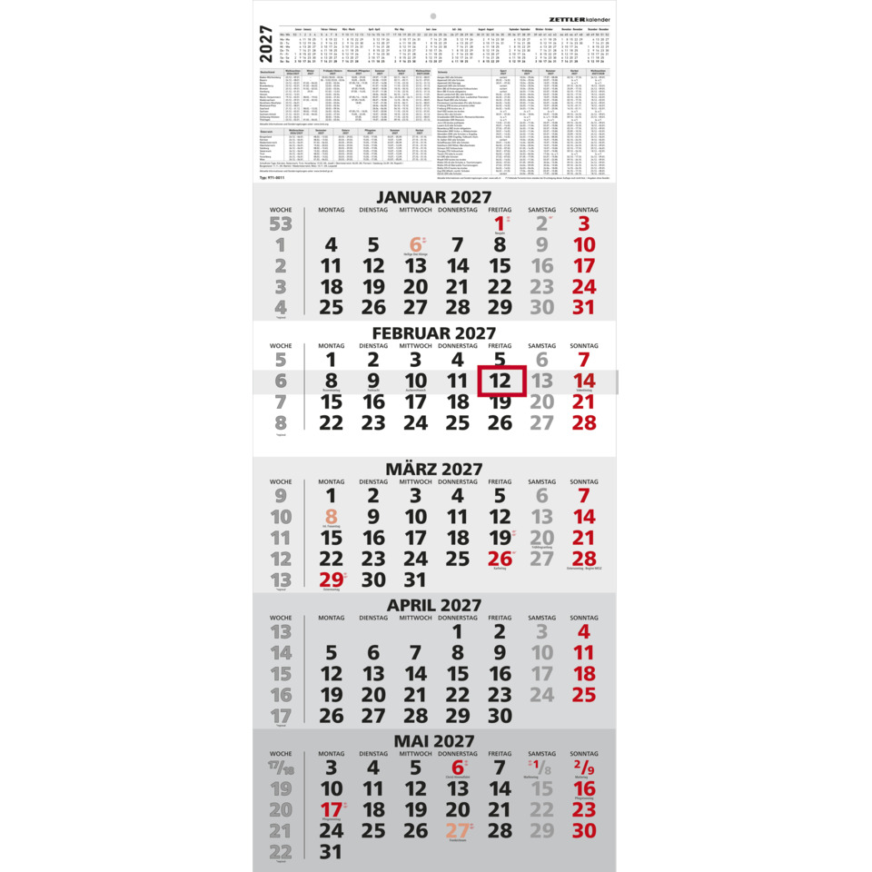 Kalender, Monatskalender, Januar 2027, Februar 2027, März 2027
