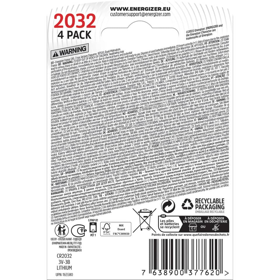 4 Pack, 2032, Lithium, Batterie, recycelbare Verpackung