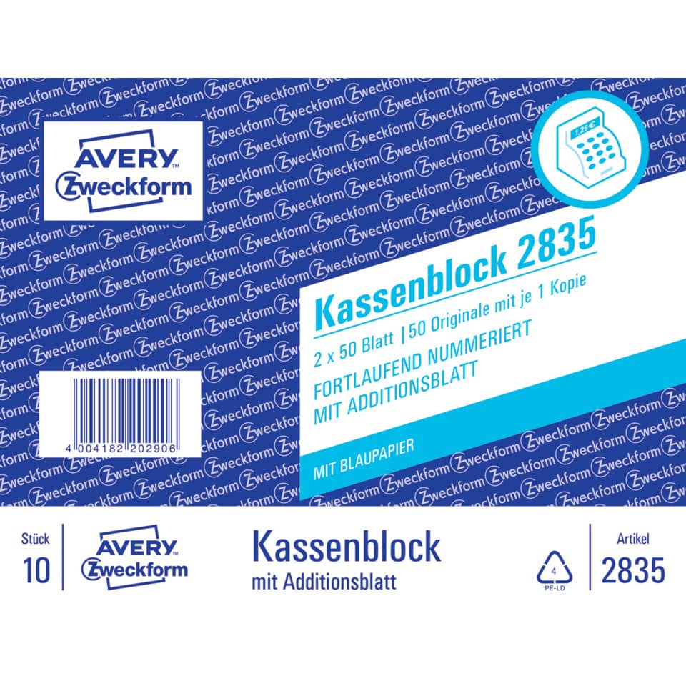 Kassenblock, Blattpapier, Additionsblatt, 50 Originale, Avery Zweckform