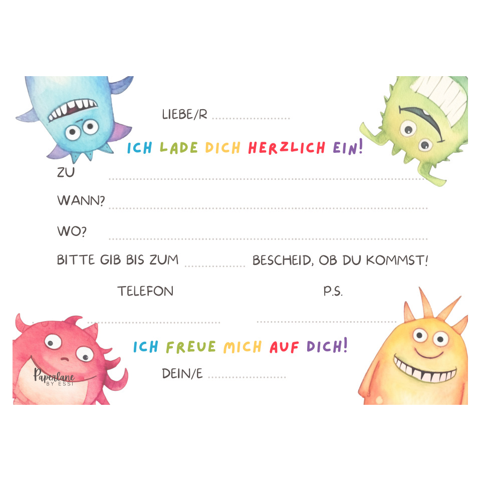 Notizkarte, Kinderkarte, Motivmonster, bunte Schrift, Design vorlage