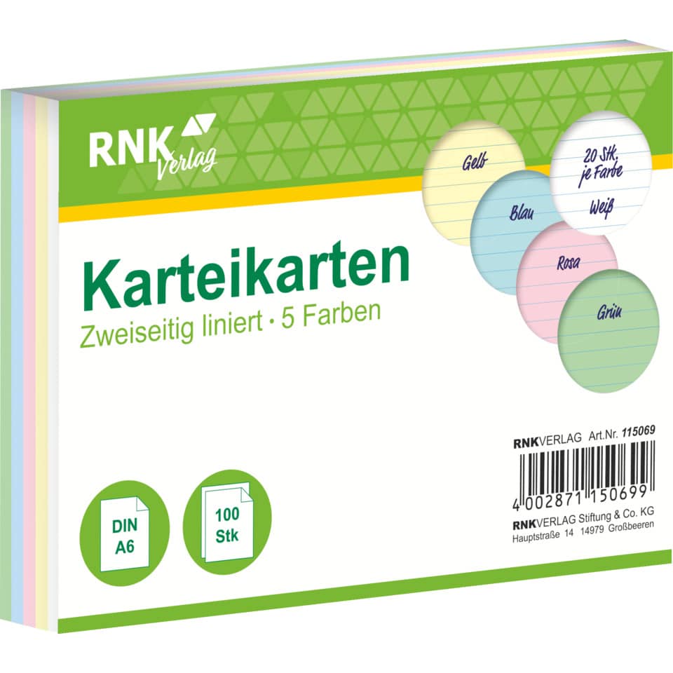 Karteikarten, Zweifach linierte, 5 Farben, DIN A6, 100 Stk