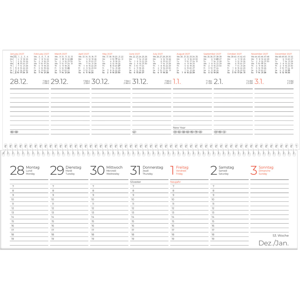 Kalender, Wandkalender, Woche-Übersicht, Raster, Spiralbindung
