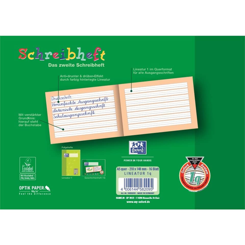 Schreibheft, Anfangsschrift, Lineatur 1q, Grünes Heft, A5 Block
