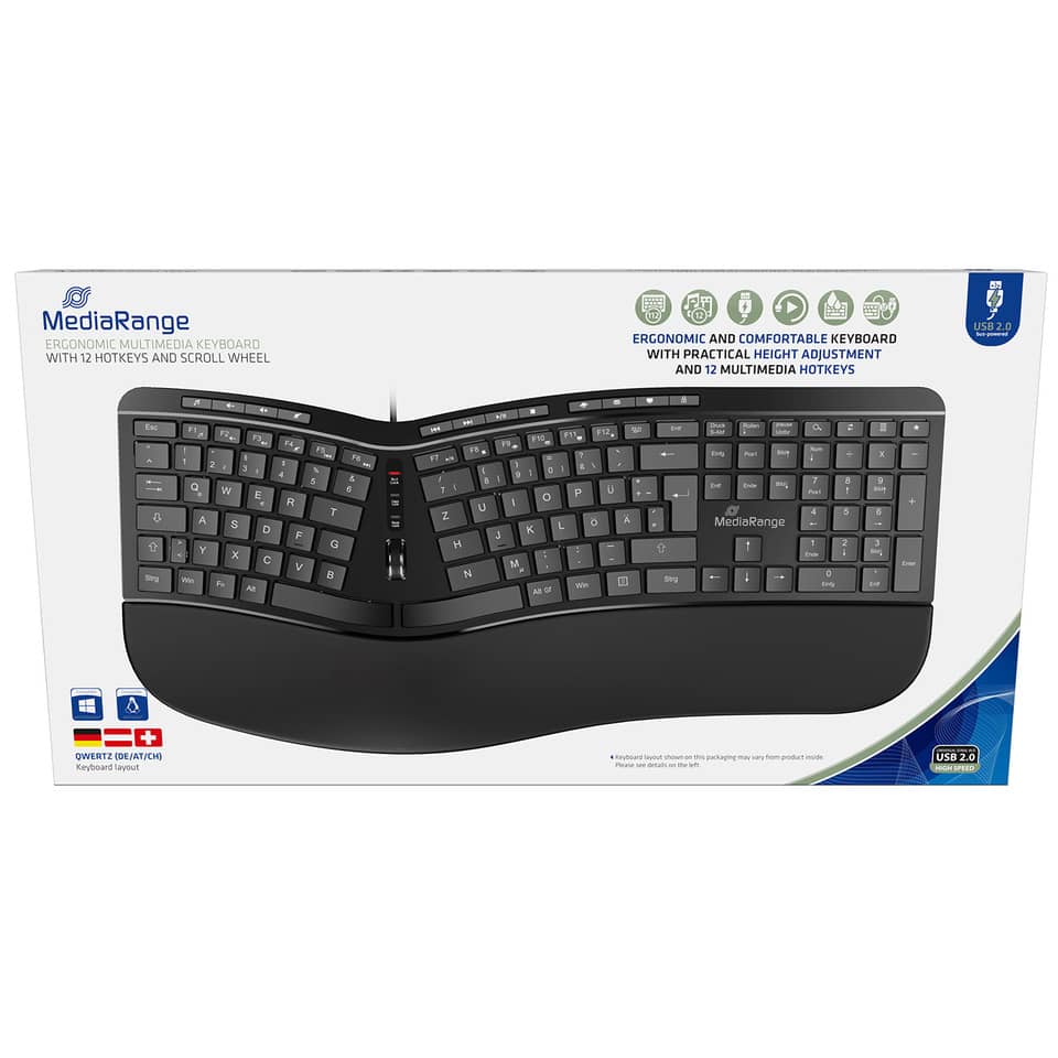 ergonomische Tastatur, Multimedia-Tastatur, 12 Hotkeys, schwarze Tastatur, Scrollrad