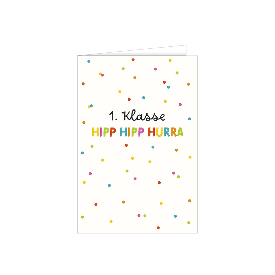 Klasse 1, Hipp Hipp Hurra, Konfetti, Geburtstagspostkarte, bunte Punkte