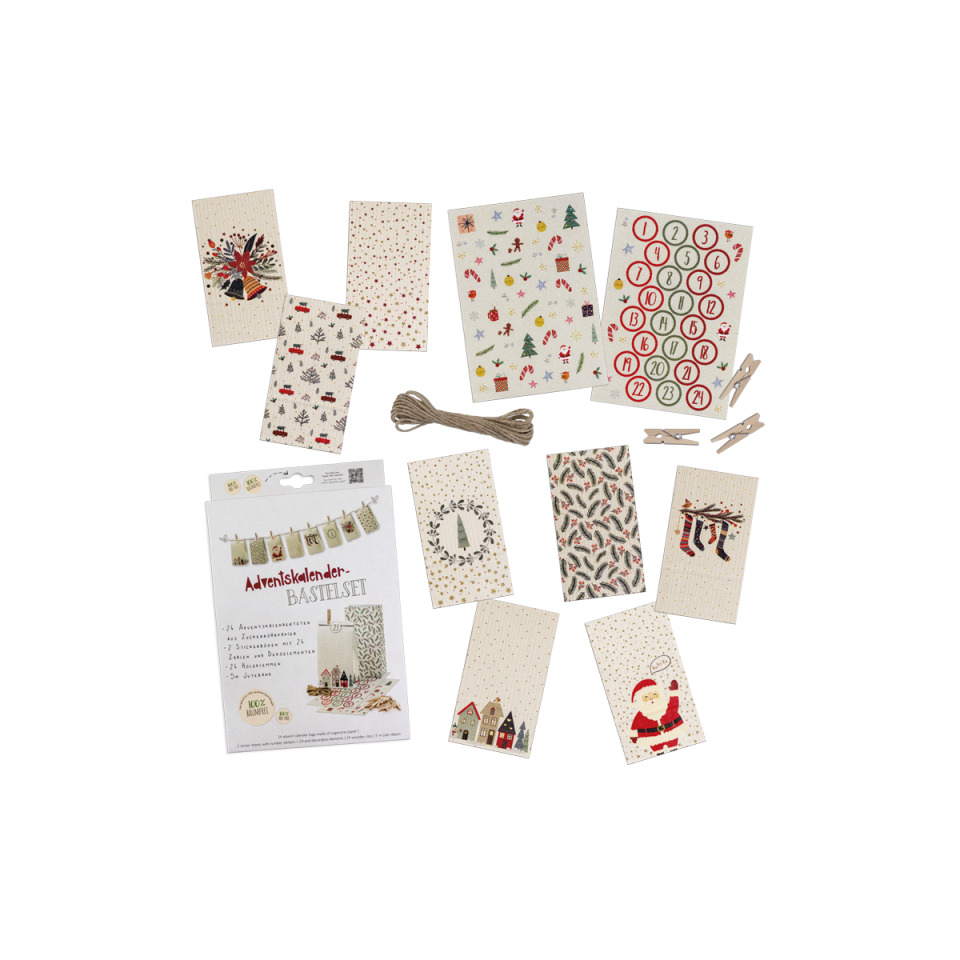 Adventskalender, Bastelset, Karten, Schnur, Holzklammern