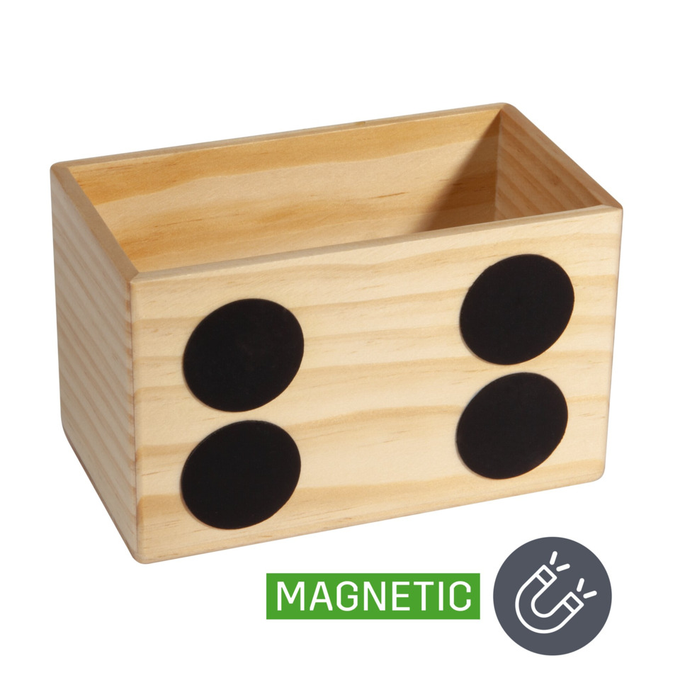 wooden desk organizer, block organizer, magnetic dots, wood grain, rectangular bin