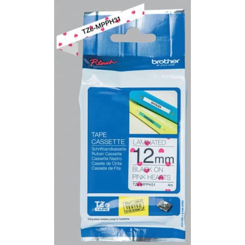 Schriftband, 12mmx4m, schwarz/rosa Herzen BROTHER TZEMPPH31