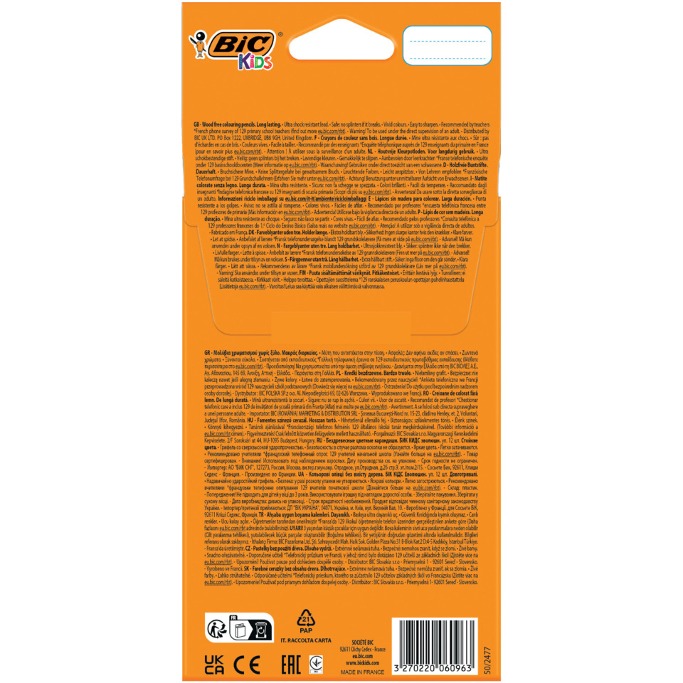 BIC Kinder Stift, Holzstift, orange Verpackung, dünner Stift, Verpackungsetikett