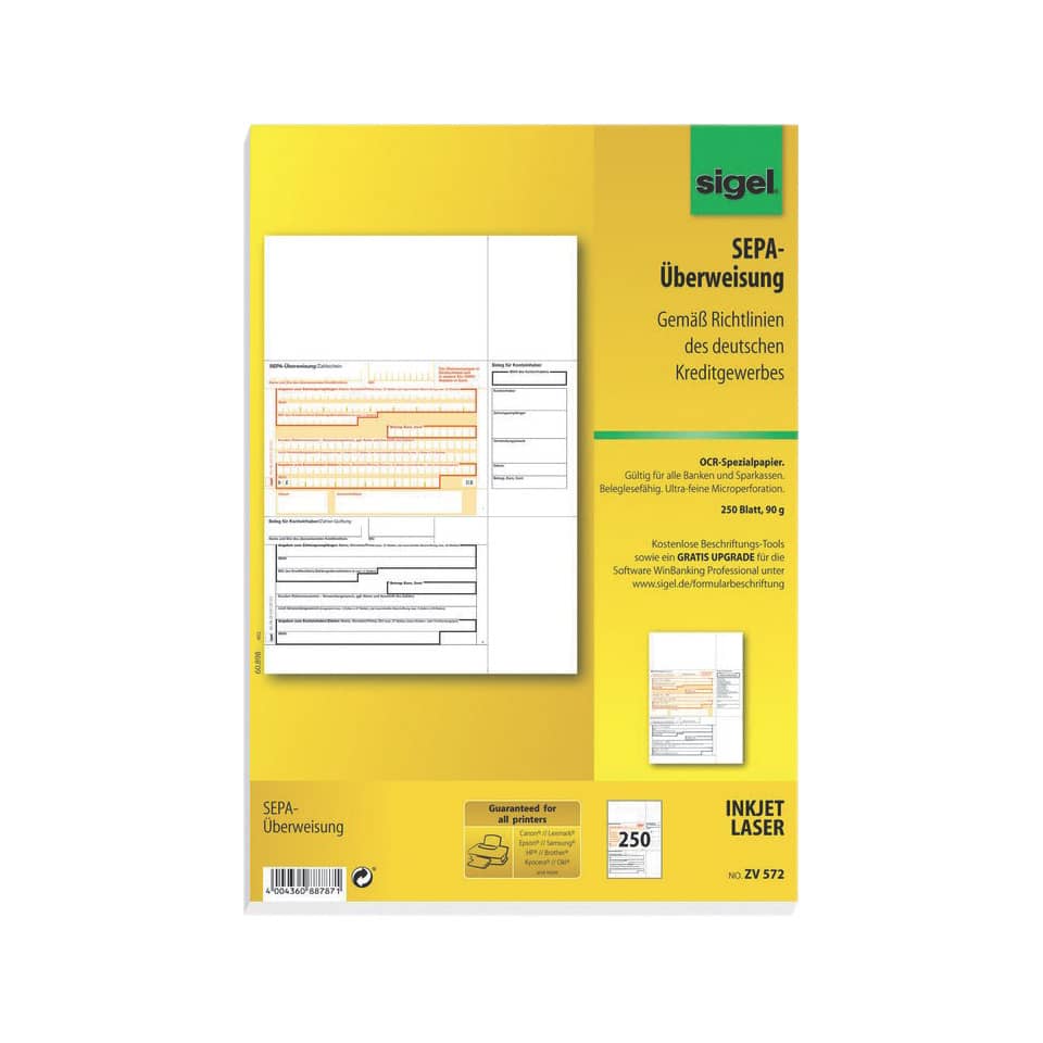SEPA-Überweisung, Kreditkartenformular, Dokumentenvorlage, Papierformat A4, Gelb Verpackung