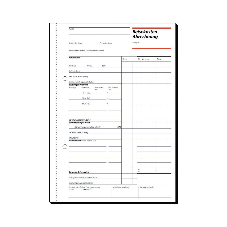 Reisekostenabrechnung, Kostenformular, Dokument, Spaltenlayout, Belegeblatt