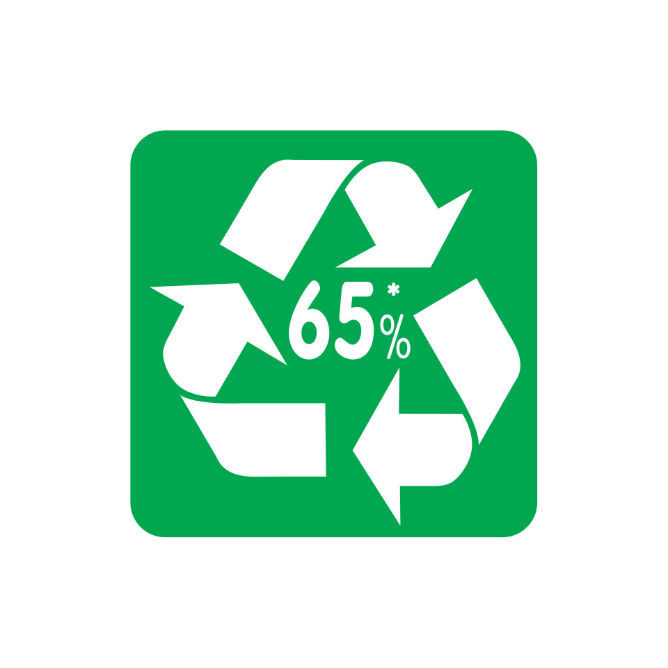 Recycling-Symbol, 65 Prozent, Recyclematerial, grünes Quadrat, Sicherheit/Vertrauen