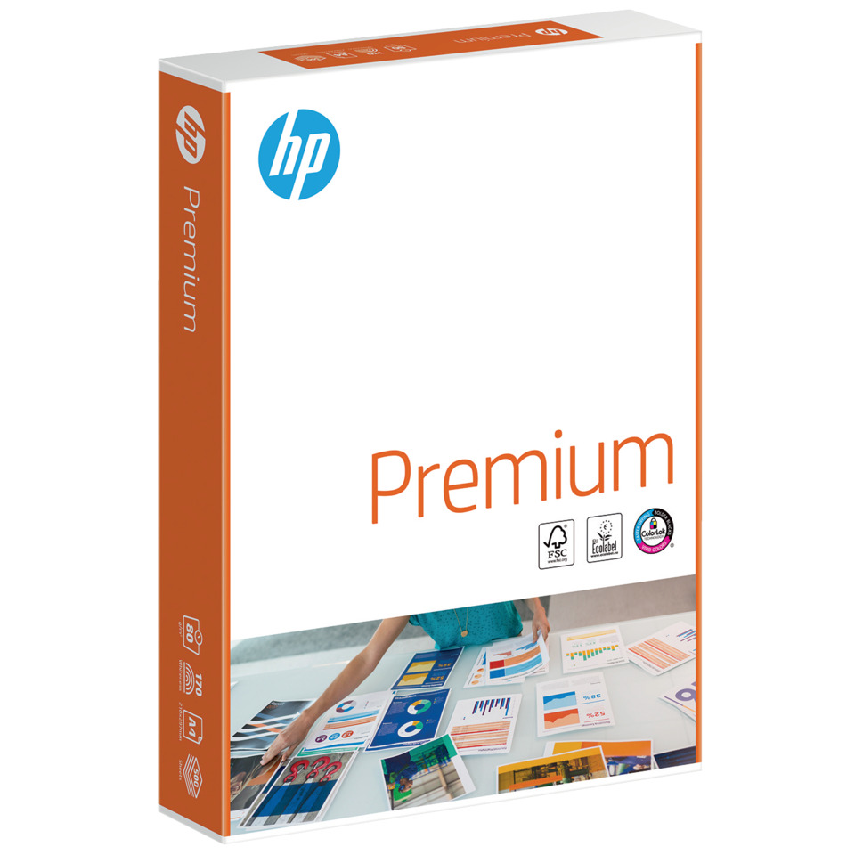 HP Premium, Kopierpapier Box, Farbige Diagramme, A4 Blätter, Nachhaltigkeits-Icons