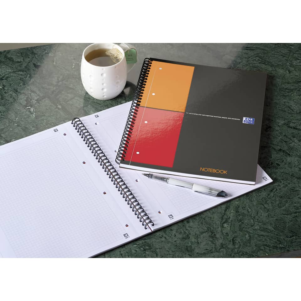 Notebook, Spiralbindung, Gitterseiten, Oranje-rot-schwarz Einband, Kugelschreiber