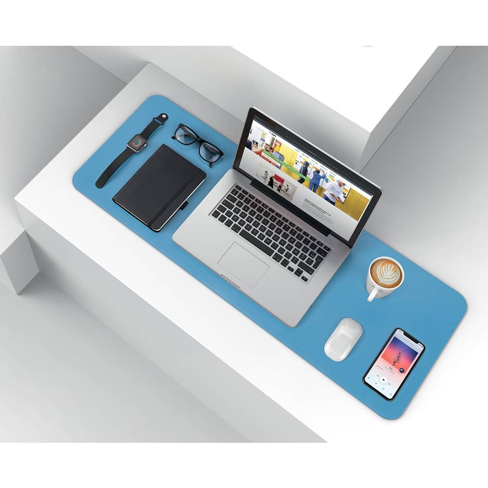 Laptop, Schreibtischunterlage, blaue Schreibtischmatte, Smartphone, Kaffee-Becher