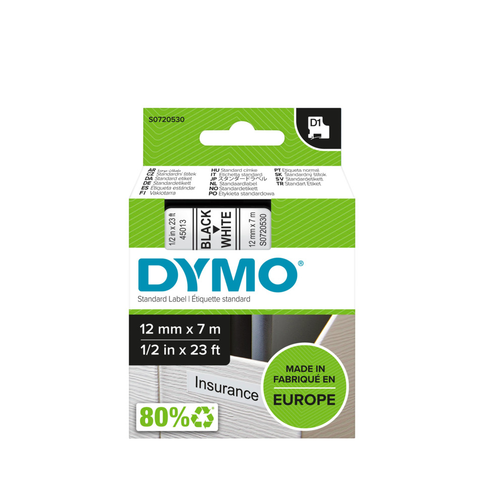 Bänderband, Etiketten, Dymo, Schwarz-Weiß, EuropeMade, Din A9 Etikett, DYMO Etikett, schwarz-weiß Etikett, 12 mm x 7 m, hergestellt in Europa