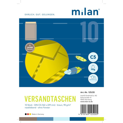 Versandtasche, C5, 90g/m², nassklebend, 10 Stück, braun MILAN 125/20