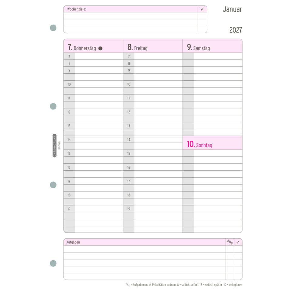 Planer, Kalender, Wochentage-Planer, Datumsraster, Pinkes Kopfzeile