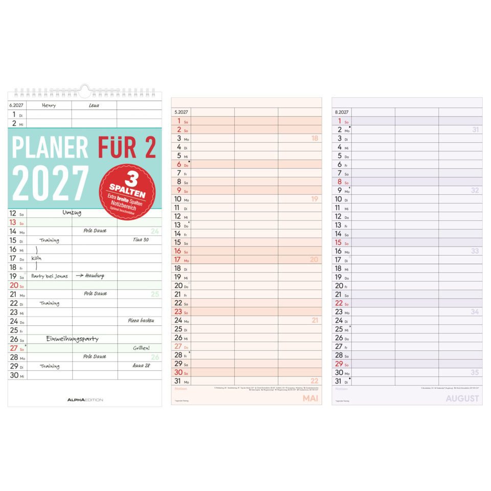 Kalender, Planer, 2027, 3 Spalten, Wochenauswertung